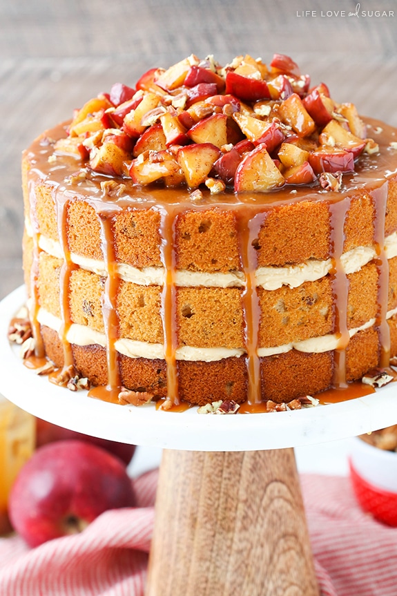 Best Caramel Apple Pecan Layer Cake with caramel sauce