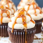 close up of Chocolate Turtle Cupcakes