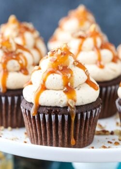 close up of Chocolate Turtle Cupcakes