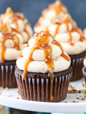 close up of Chocolate Turtle Cupcakes