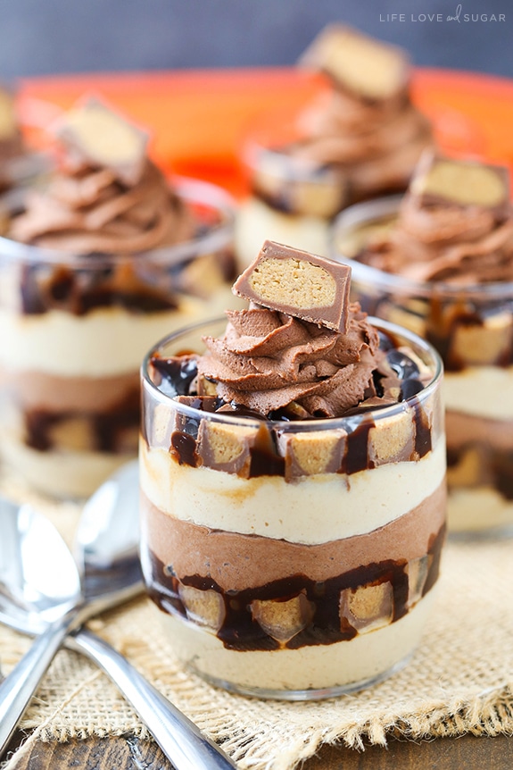 Mini Reeses Chocolate Peanut Butter Cheesecake Trifles in a glass