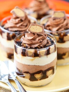 Mini Reeses Chocolate Peanut Butter Cheesecake Trifles close-up