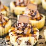 Close-up of Mini Rolo Cheesecakes on a cooling rack