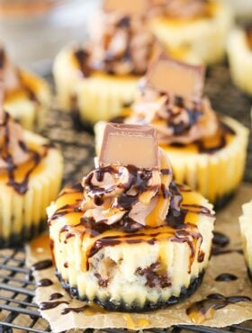 Close-up of Mini Rolo Cheesecakes on a cooling rack