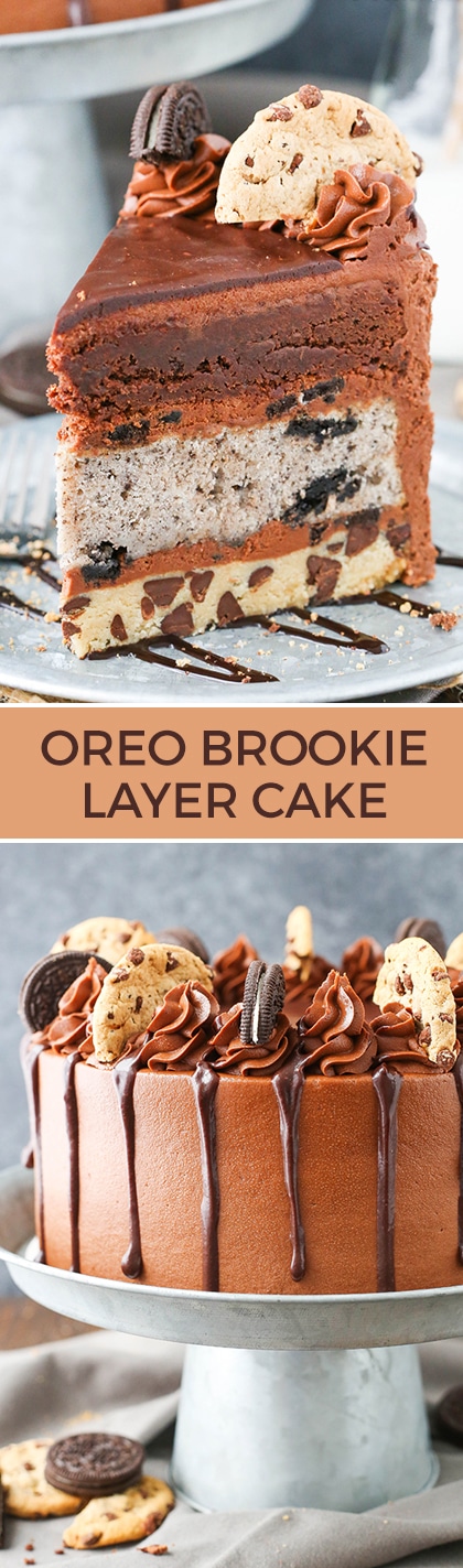 Oreo Brookie Layer Cake - a layer of chocolate chip cookie cake, oreo cake, and a fudgey chocolate brownie! All my favorite things in one AMAZING cake!