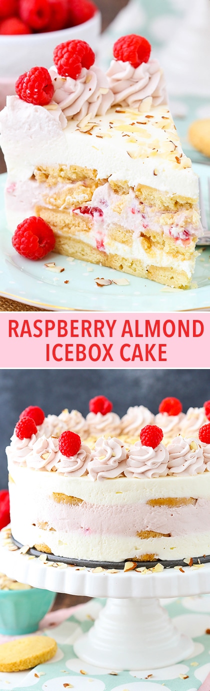 Raspberry Almond Shortbread Icebox Cake - layers of Walkers shortbread, almond and raspberry mousse and fresh raspberries! No bake, easy and delicious!