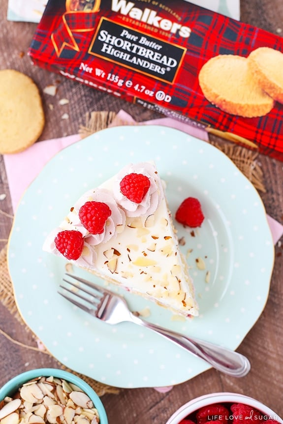 Overhead view of a slice of Raspberry Almond Shortbread Icebox Cake 