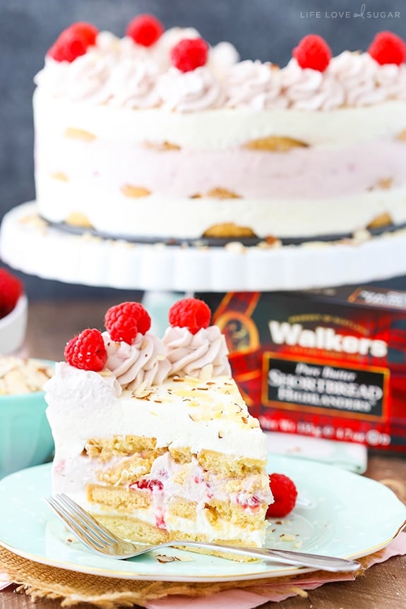 Raspberry Almond Shortbread Icebox Cake slice on a plate