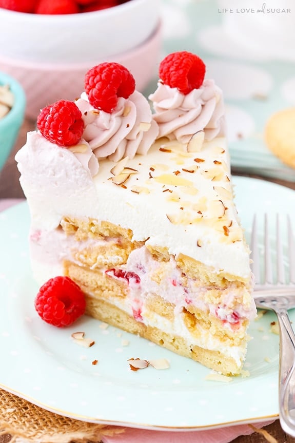 Raspberry Almond Shortbread Icebox Cake slice on a plate