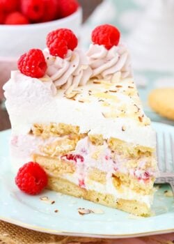 A slice of Raspberry Almond Shortbread Icebox Cake