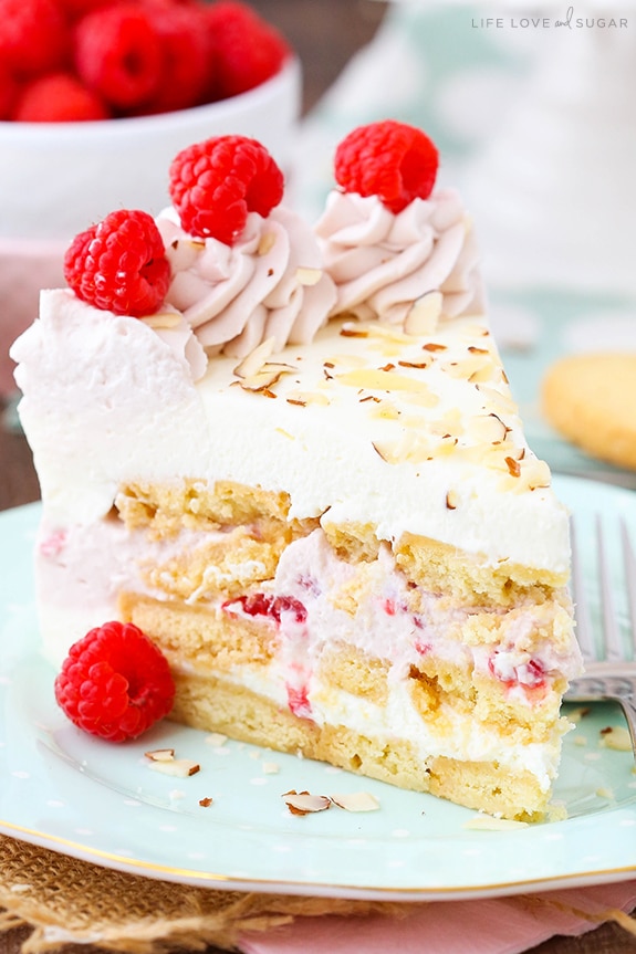 Raspberry Almond Shortbread Icebox Cake slice on a plate