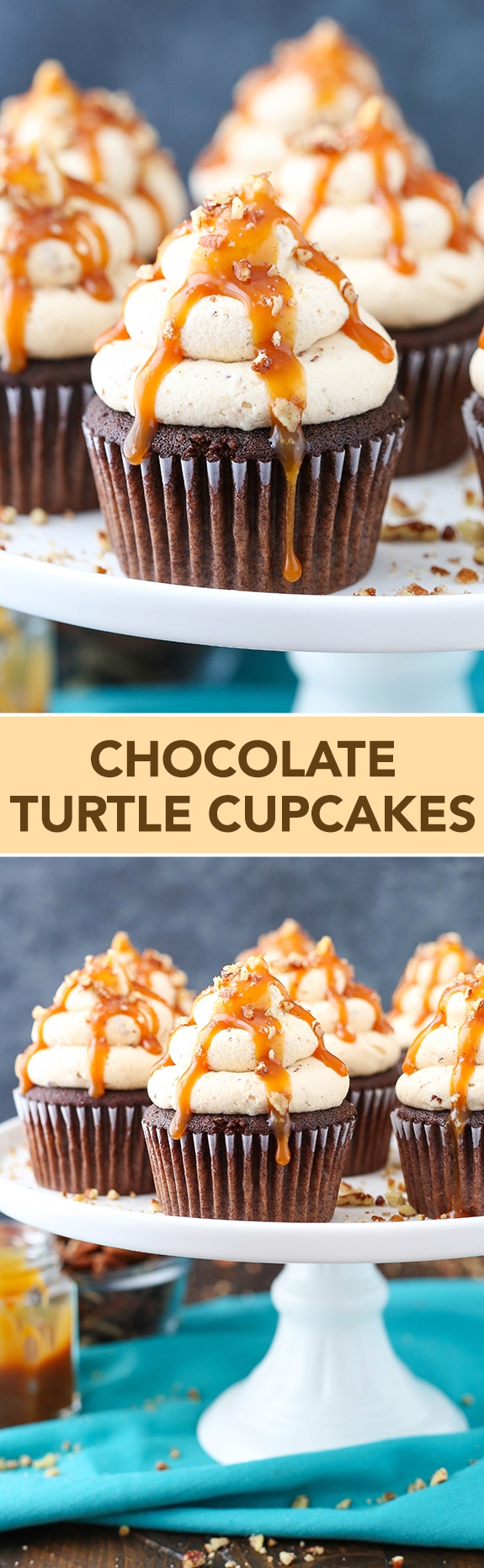 Chocolate Turtle Cupcakes - chocolate cupcakes topped with caramel pecan frosting, caramel drizzle and chopped pecans