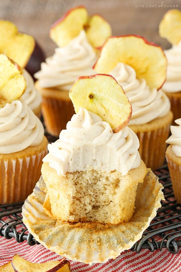 An unwrapped Apple Cupcakes has a bite missing to expose the center