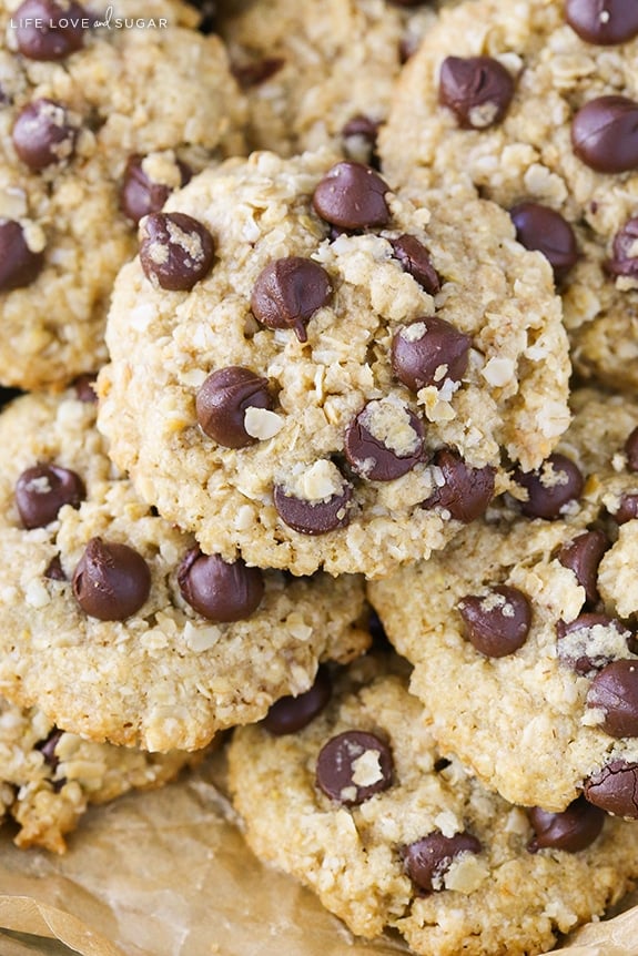 A close up of stacked Oatmeal Chocolate Chip Cookies