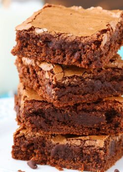 close up image of stack of Homemade Fudgy Brownies