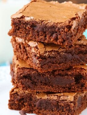 close up image of stack of Homemade Fudgy Brownies