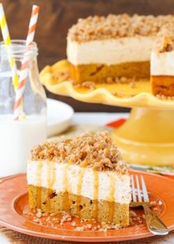 Caramel Pumpkin Spice Blondie Streusel Cheesecake on orange plate