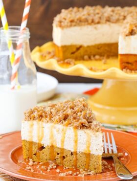 Caramel Pumpkin Spice Blondie Streusel Cheesecake on orange plate