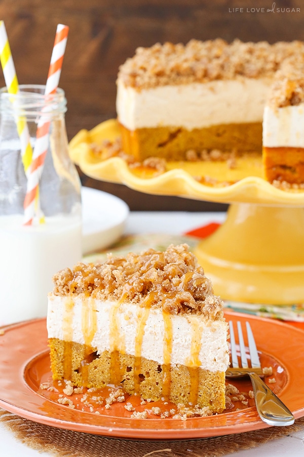 Caramel Pumpkin Spice Blondie Streusel Cheesecake slice on a plate