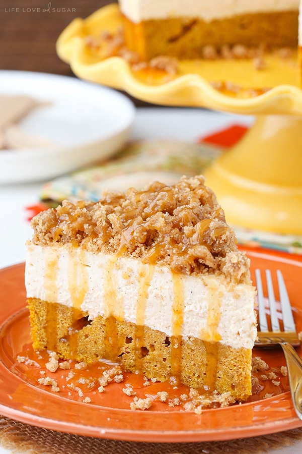 Caramel Pumpkin Spice Blondie Streusel Cheesecake slice on a plate