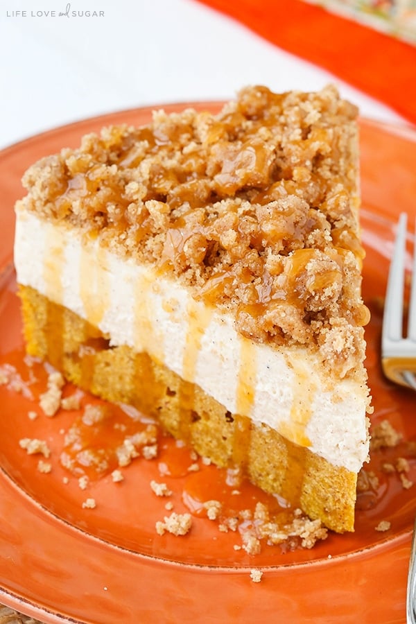 Caramel Pumpkin Spice Blondie Streusel Cheesecake slice on a plate