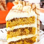 Pumpkin Tiramisu Layer Cake slice on a plate