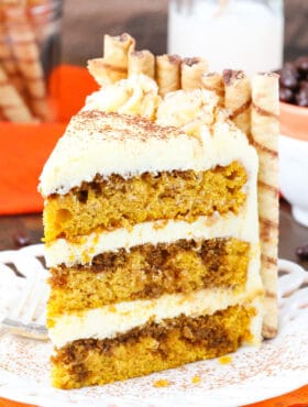 Pumpkin Tiramisu Layer Cake slice on a plate
