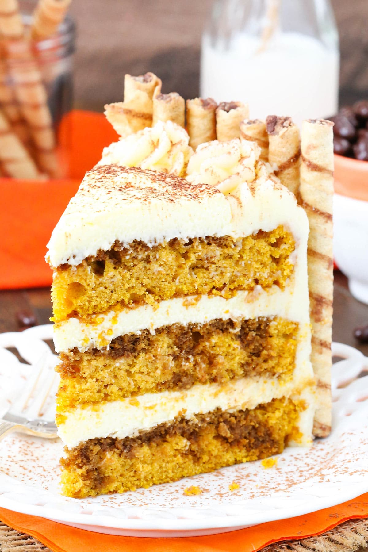 Pumpkin Tiramisu Layer Cake slice on a plate.