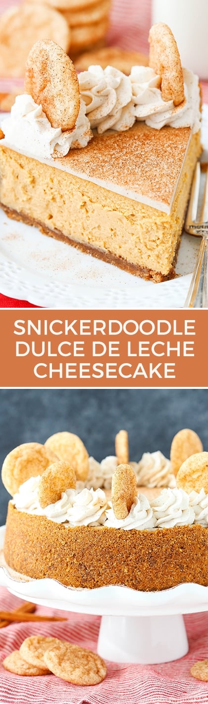 Snickerdoodle Dulce De Leche Cheesecake - cinnamon sugar crust, dulce de leche filling, white chocolate ganache and more cinnamon sugar! Perfect dessert for fall!