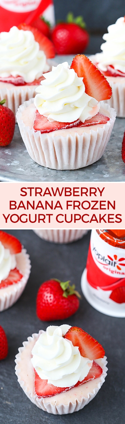 Strawberry Banana Frozen Yogurt Cupcakes! Just a few simple ingredients and so good!