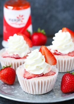 Strawberry Banana Frozen Yogurt Cupcakes on silver tray