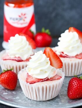 Strawberry Banana Frozen Yogurt Cupcakes on silver tray