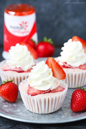 Strawberry Banana Frozen Yogurt Cupcakes on silver tray