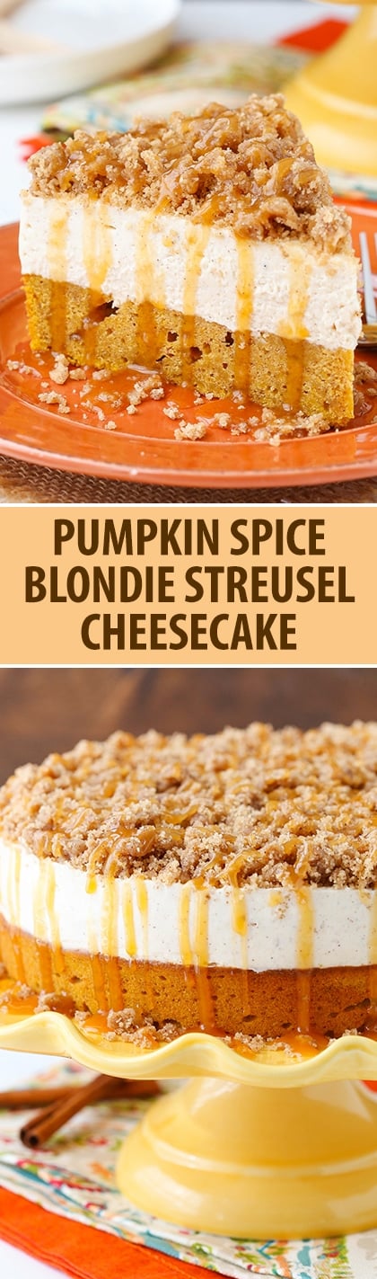 Caramel Pumpkin Spice Blondie Streusel Cheesecake - pumpkin blondie, spiced cheesecake, streusel and caramel!