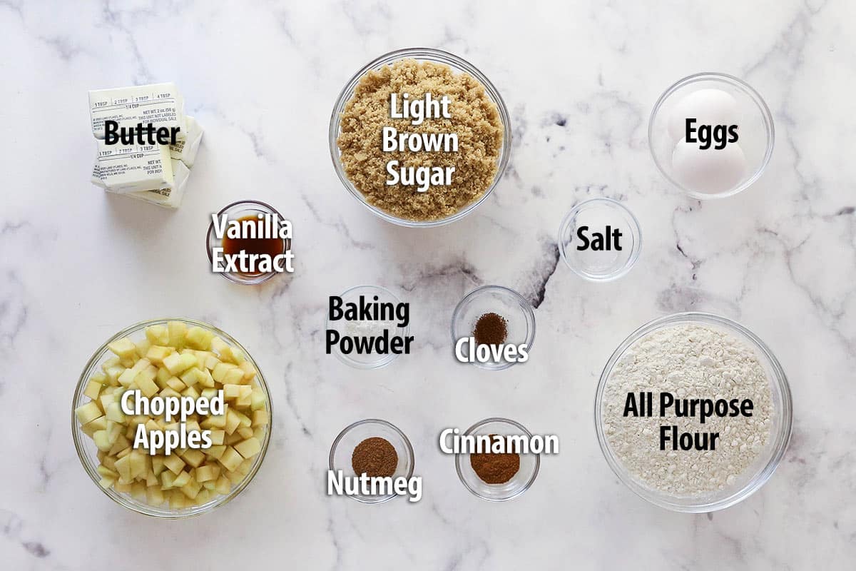 Every bite of these apple streusel bars is dotted with crunchy apples and warm fall flavors. Easy to make & perfect for breakfast or dessert! Overhead view of ingredients needed to make apple streusel bars