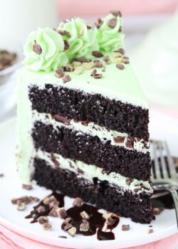 close up image of Mint Chocolate Chip Layer Cake slice