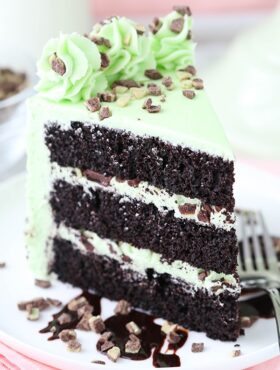 close up image of Mint Chocolate Chip Layer Cake slice