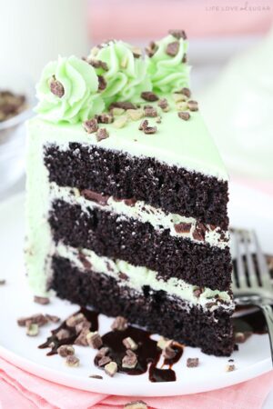 close up image of Mint Chocolate Chip Layer Cake slice