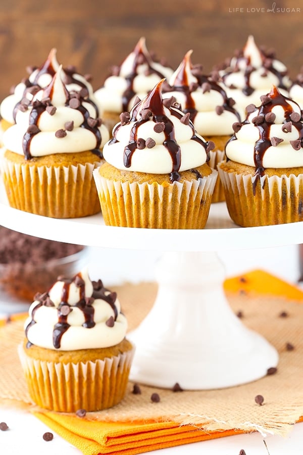 Pumpkin Cupcakes topped with frosting and chocolate chips on a white platter.