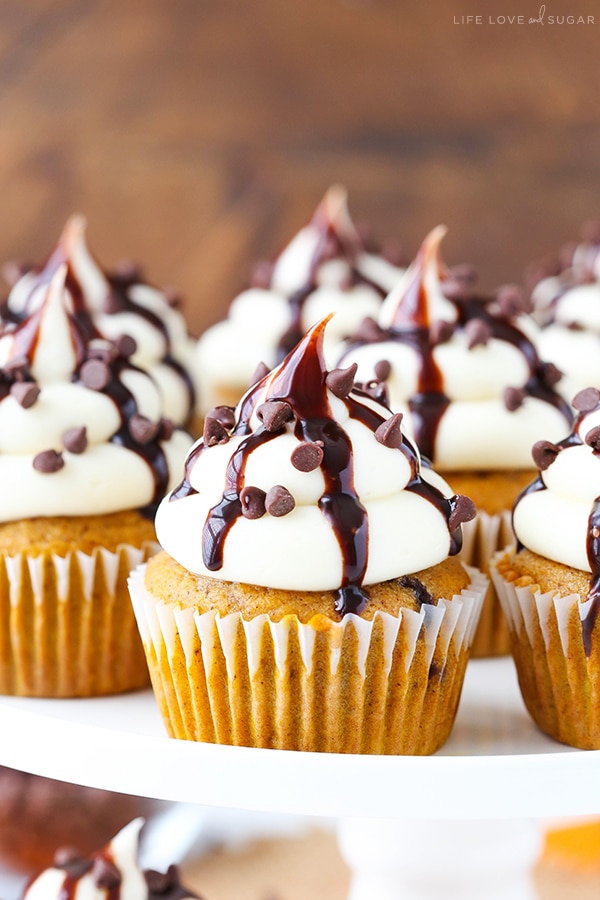 Close up of Pumpkin Chocolate Chip Cupcakes with Cream Cheese Frosting on a white platter