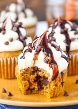 image of Pumpkin Chocolate Chip Cupcakes with Cream Cheese Frosting with bite taken out