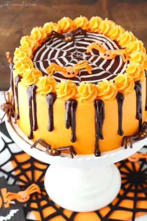 Spiderweb Chocolate Cake with Vanilla Frosting on white cake stand