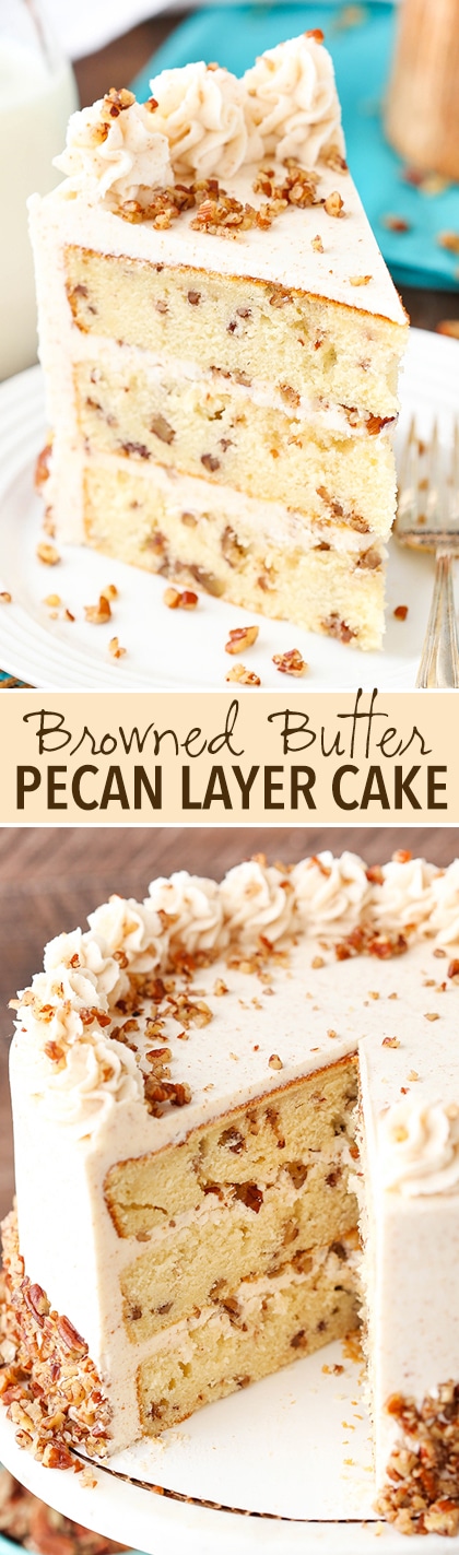 Browned Butter Pecan Layer Cake! Buttery pecan cake with browned butter frosting! So good!