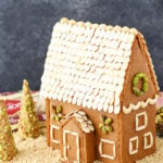 A homemade gingerbread house decorated with nuts