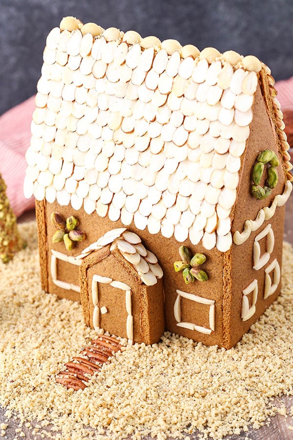 Top view of the roof made of nuts on a gingerbread house