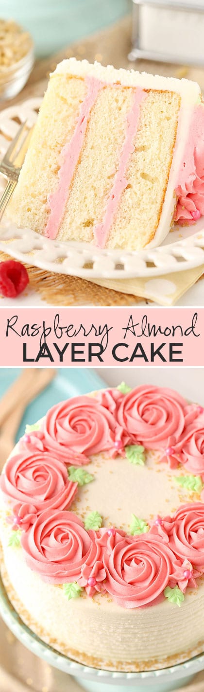 Raspberry Almond Layer Cake! Such a light, moist cake with fresh raspberry frosting!
