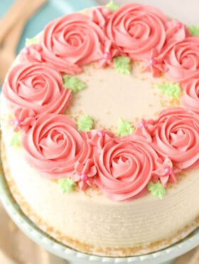overhead image of Raspberry Almond Layer Cake