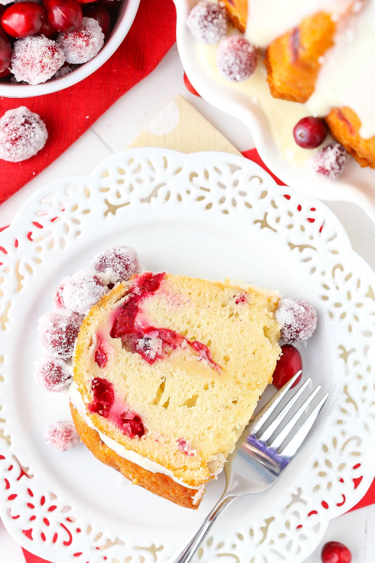 Once slice of white chocolate cake laying on its side on a plate next to a fork