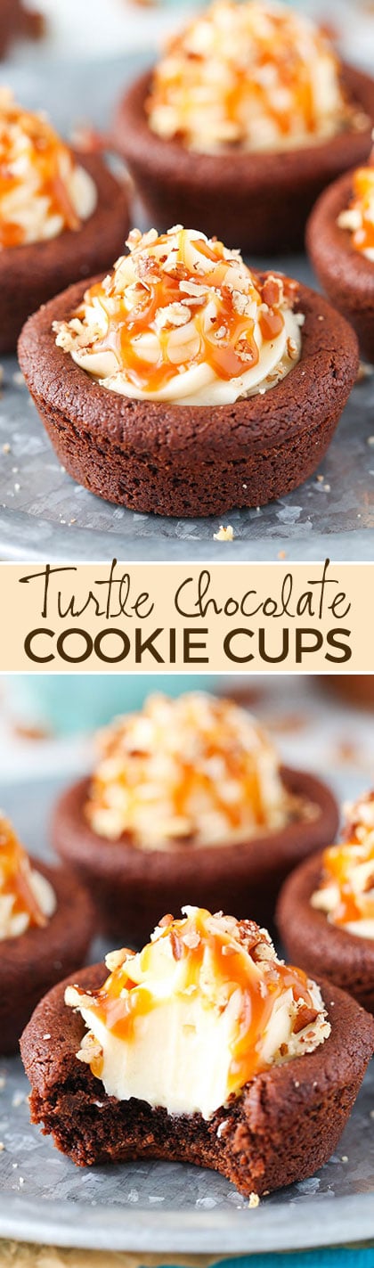 Turtle Chocolate Cookie Cups filled with caramel cheesecake and a sprinkle of pecans!