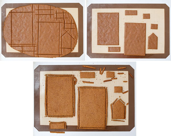 Gingerbread dough rolled out and cut into shapes for a house